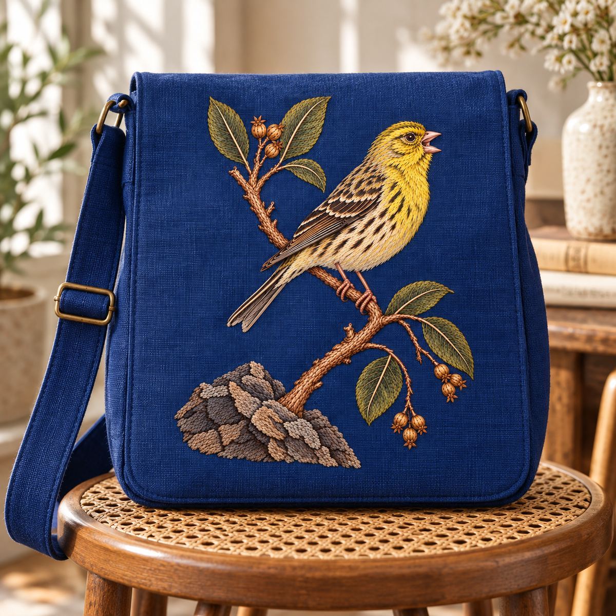 Canary embroidery design in a digital mockup of blue linen shoulder satchel with a flat front panel, resting upright on a cane stool. Placement inspiration for Study 51.