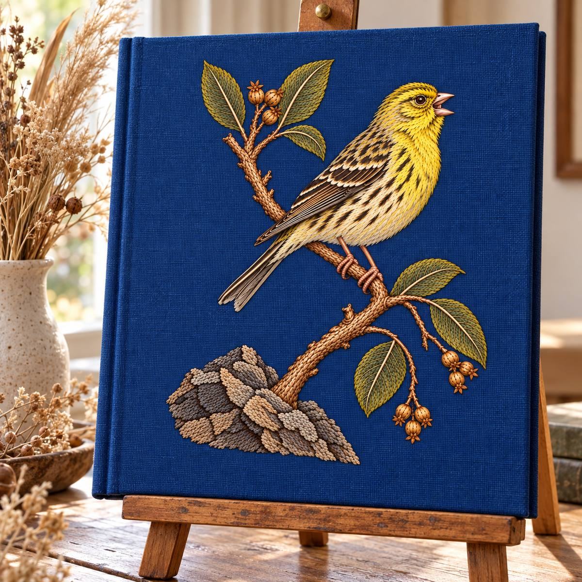 Canary embroidery design in a digital mockup of blue linen cover for a large herbarium album propped on an easel near dried grasses. Placement inspiration for Study 51.