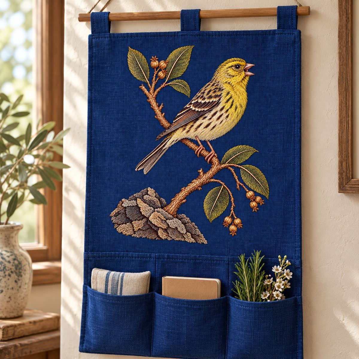 Canary embroidery design in a digital mockup of blue embroidered panel sewn onto a hanging fabric organizer with pockets below the motif. Placement inspiration for Study 51.