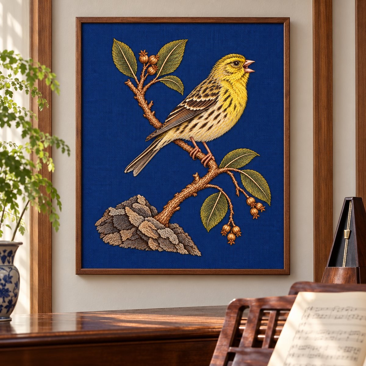 Canary embroidery design in a digital mockup of a flat portrait blue linen panel displayed on a music-room wall between two narrow wooden battens. Placement inspiration for Study 51.