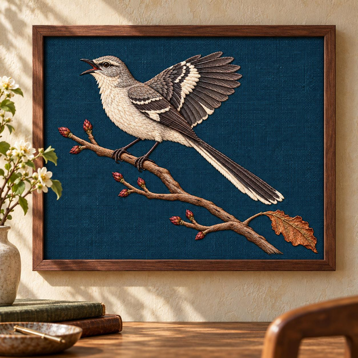 Mockingbird embroidery design shown in a digital mockup of Wall Frame. Study 52.