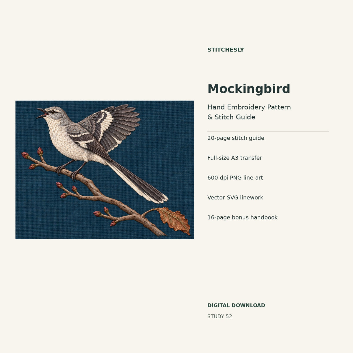 Mockingbird hand embroidery digital package cover showing the reference artwork and included guide, transfer, PNG, SVG and bonus handbook.