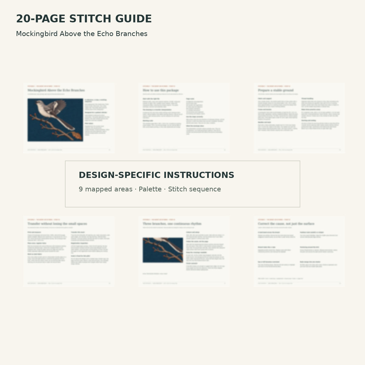 Protected page overview of the 20-page Mockingbird stitch guide, including its numbered map, suggested palette and working sequence.