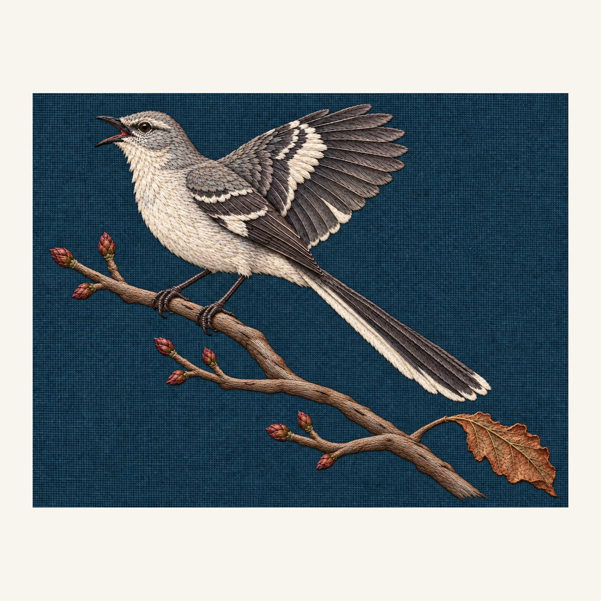Digital embroidery reference showing a mockingbird with one raised wing on deep petrol linen, landscape composition.
