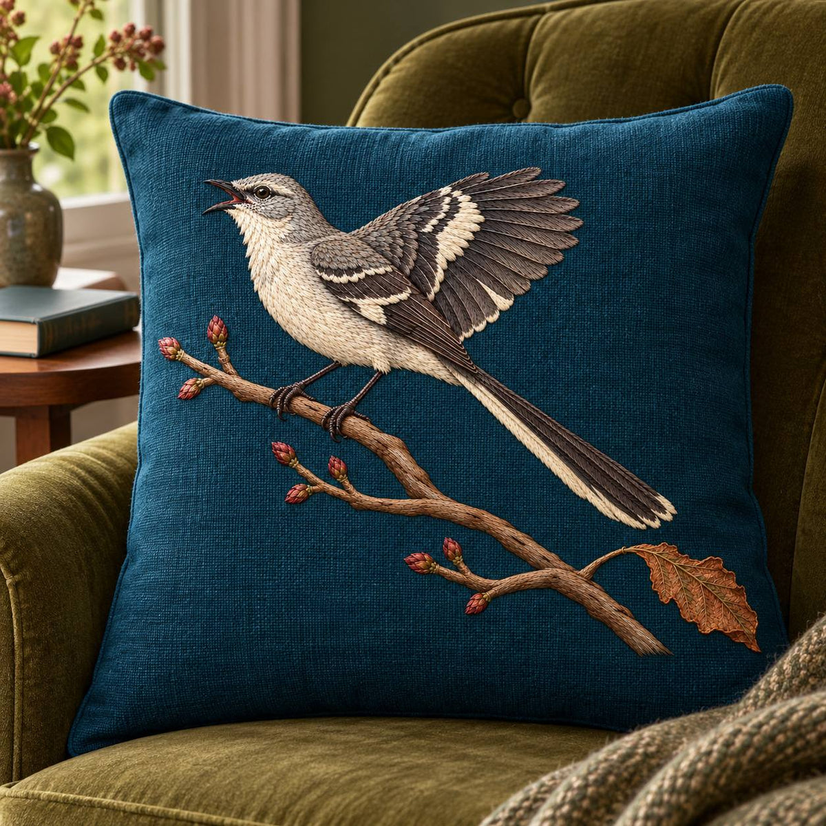 Mockingbird embroidery design in a digital mockup of Square Cushion. Placement inspiration for Study 52.