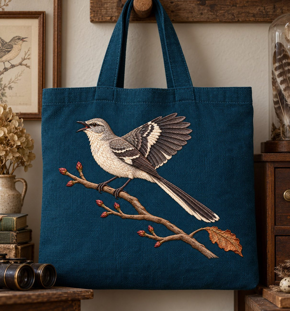 Mockingbird embroidery design in a digital mockup of Tote. Placement inspiration for Study 52.