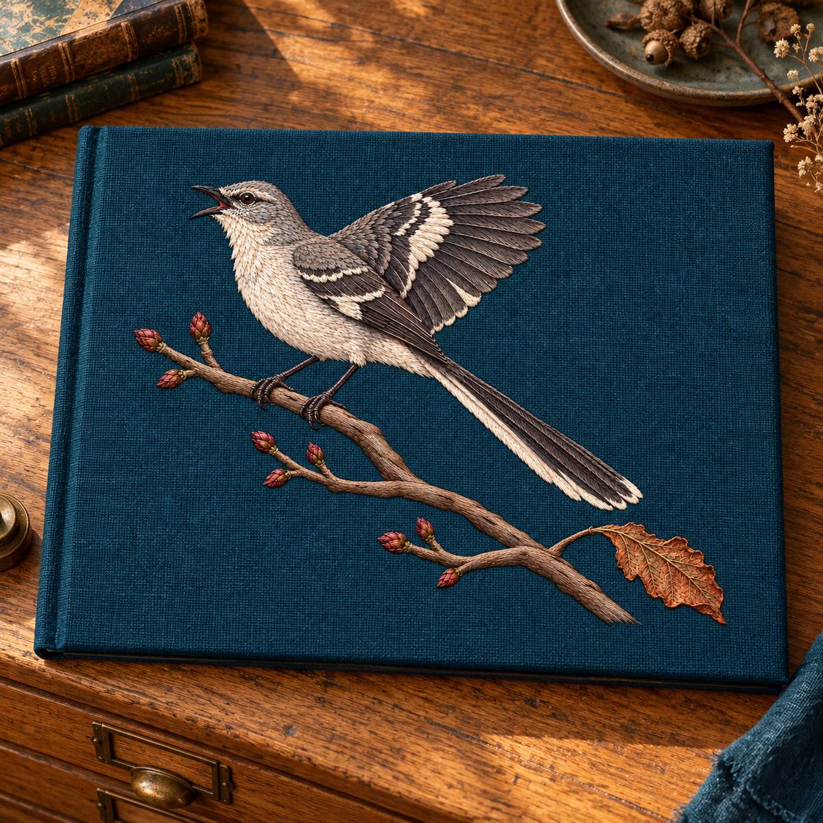 Mockingbird embroidery design in a digital mockup of Linen Portfolio. Placement inspiration for Study 52.