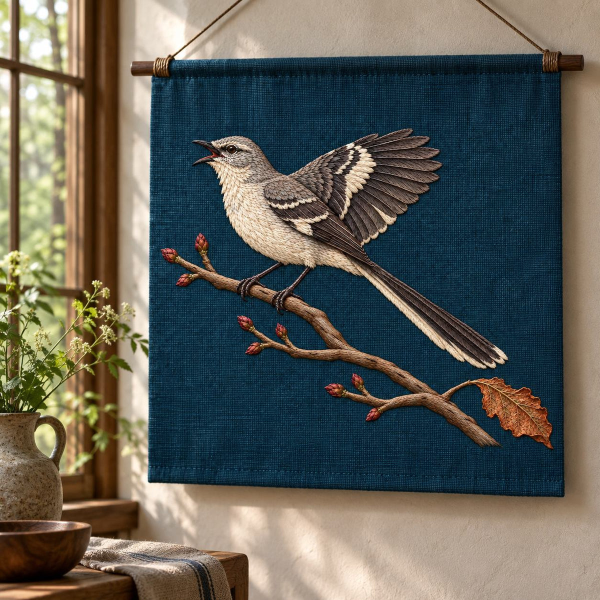 Mockingbird embroidery design in a digital mockup of Wall Hanging. Placement inspiration for Study 52.