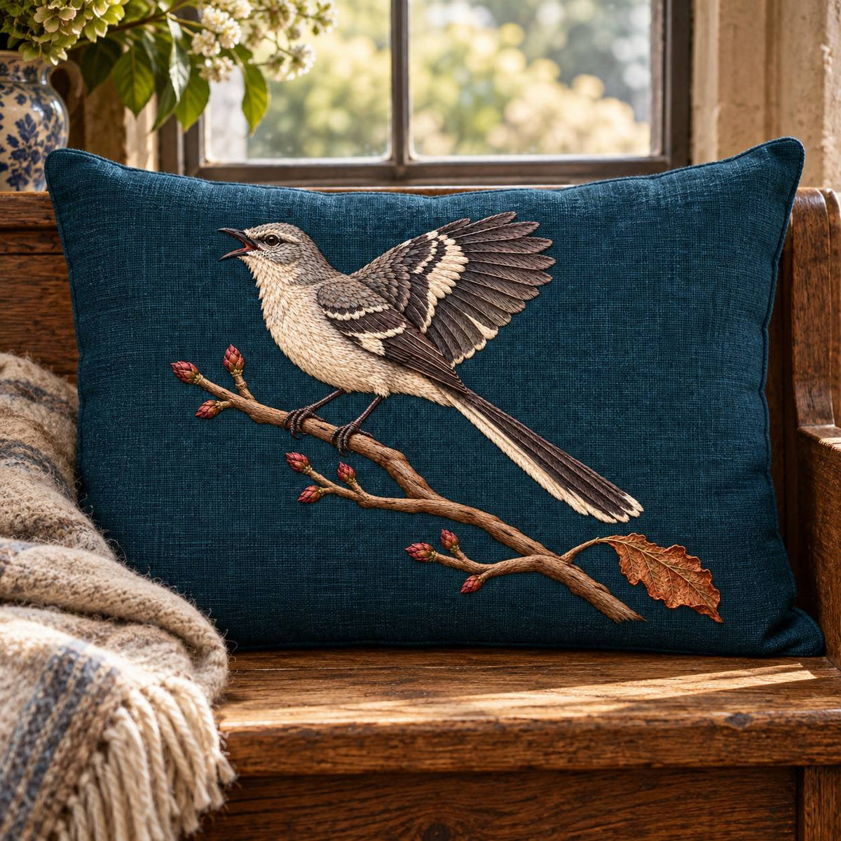 Mockingbird embroidery design in a digital mockup of Lumbar Cushion. Placement inspiration for Study 52.