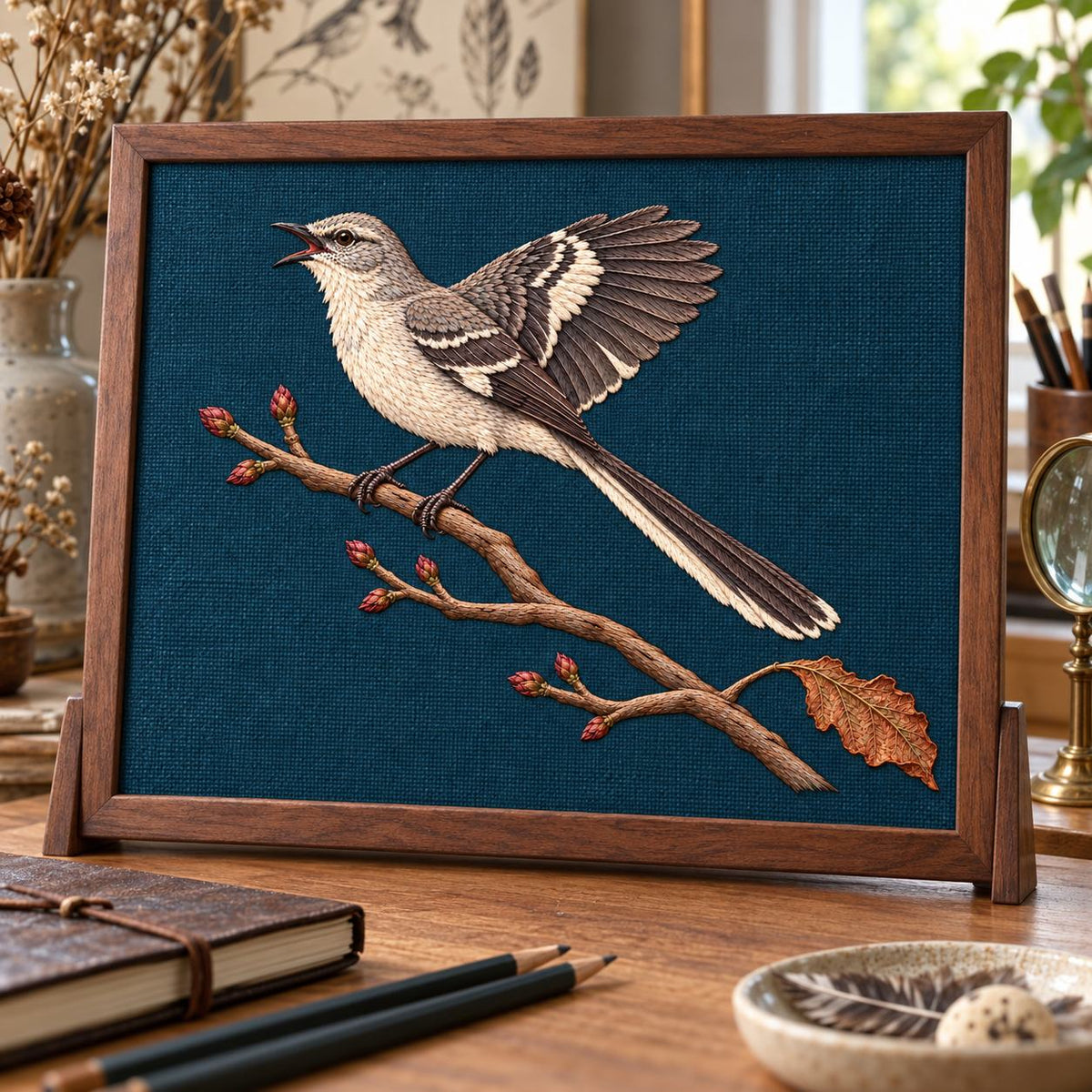 Mockingbird embroidery design in a digital mockup of Desktop Frame. Placement inspiration for Study 52.