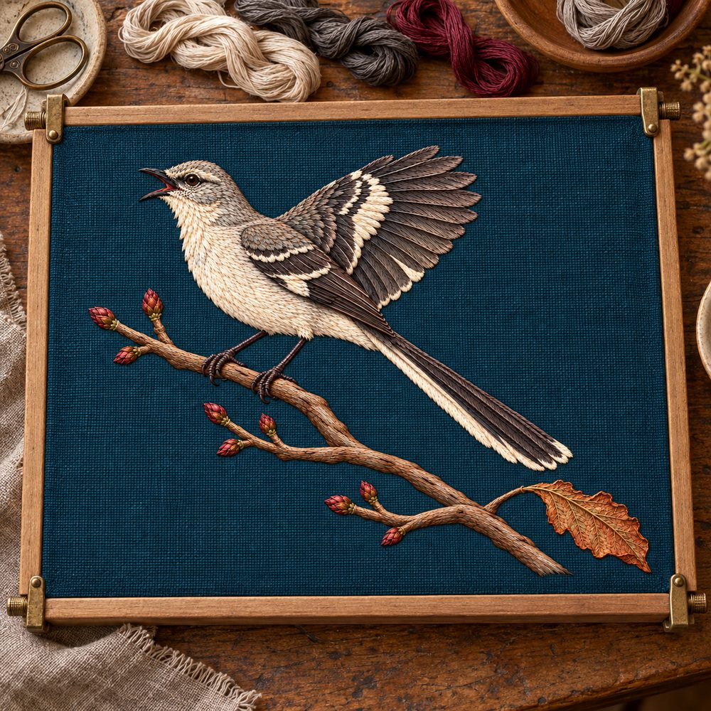 Mockingbird embroidery design in a digital mockup of Working Frame. Placement inspiration for Study 52.