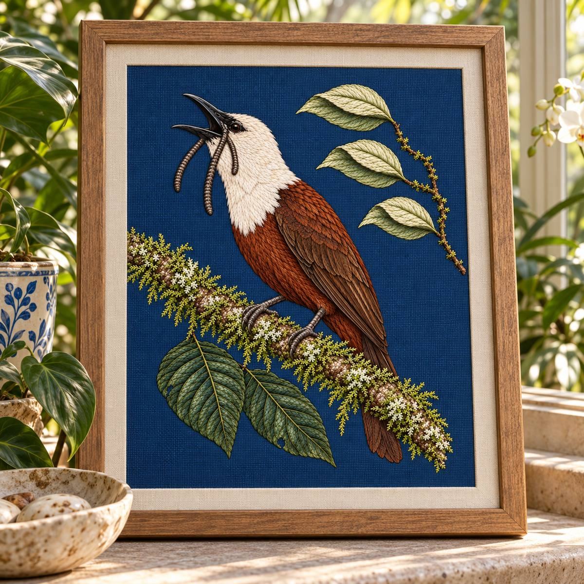 Bellbird embroidery design shown in a digital mockup of A portrait framed textile leaning on a conservatory ledge beside blurred tropicalfoliage. Study 53.