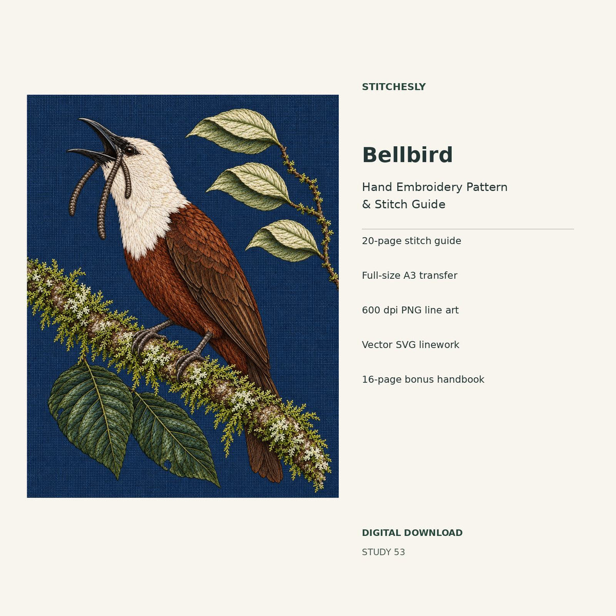 Bellbird hand embroidery digital package cover showing the reference artwork and included guide, transfer, PNG, SVG and bonus handbook.