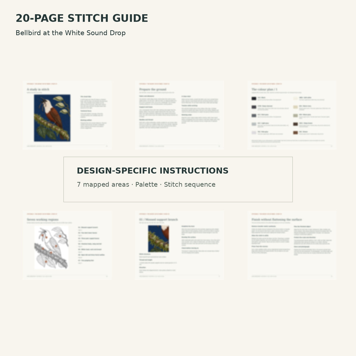 Protected page overview of the 20-page Bellbird stitch guide, including its numbered map, suggested palette and working sequence.