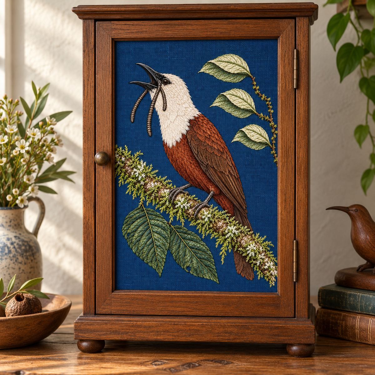Bellbird embroidery design in a digital mockup of An upright narrow display cabinet with birdtextile recessed in glass-freeportraitdoor. Placement inspiration for Study 53.