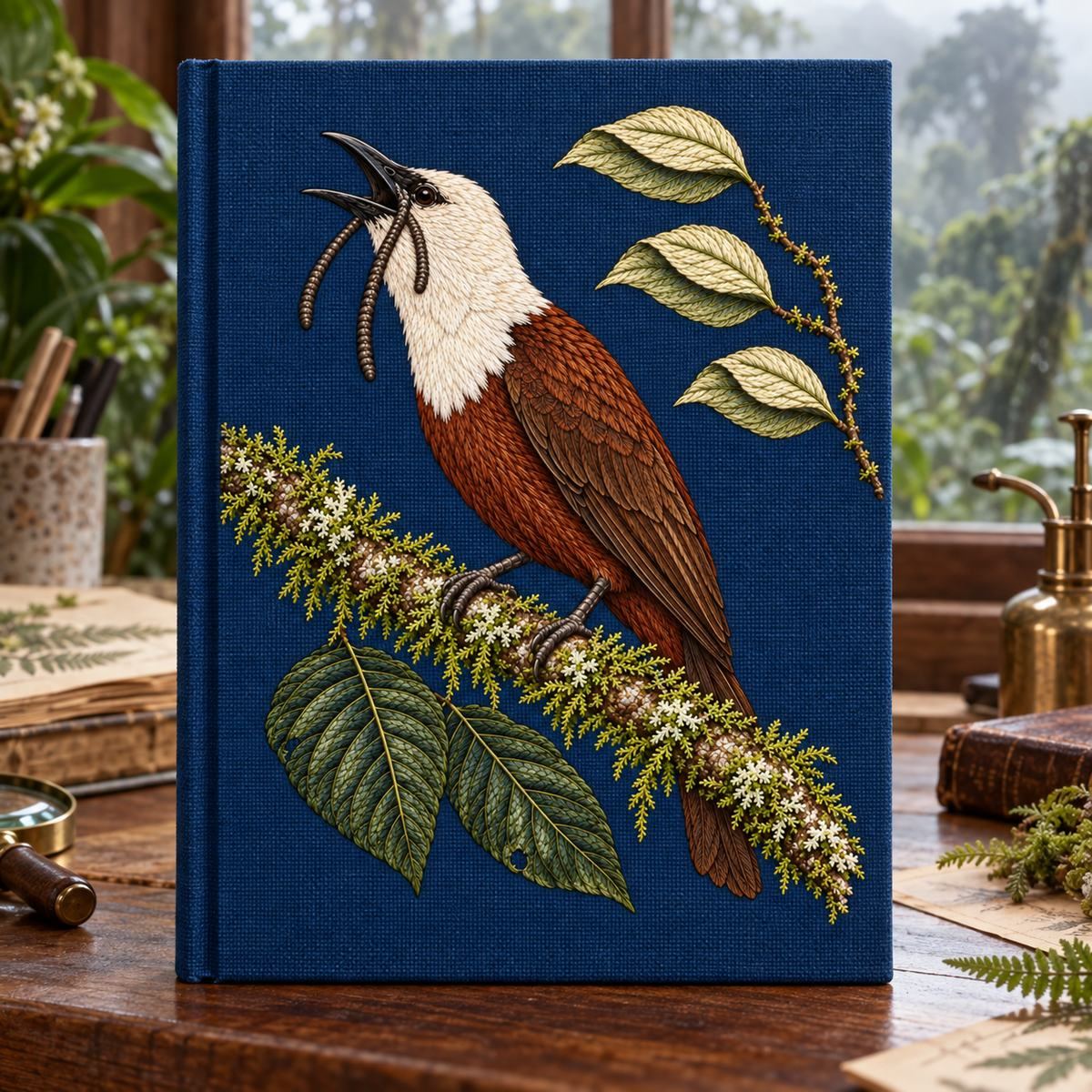 Bellbird embroidery design in a digital mockup of A tall moss-green linen botanical folio on a cloudforest study desk, embroideryportraitonfront. Placement inspiration for Study 53.