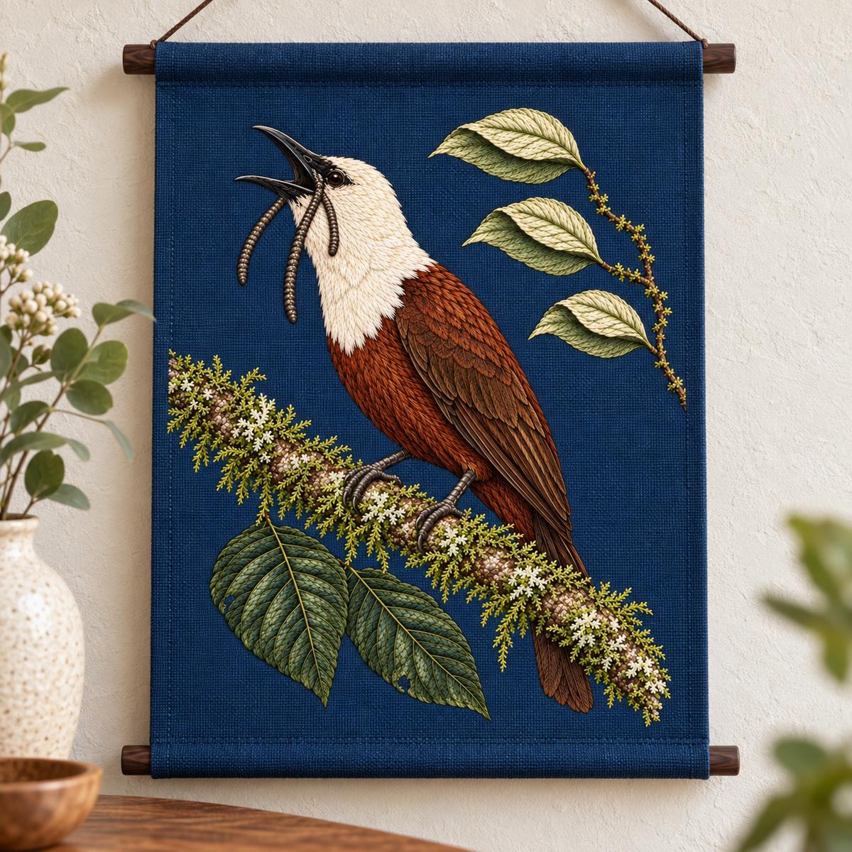Bellbird embroidery design in a digital mockup of A hanging portrait textile scroll on thin darkwoodrails, marine linen, pale texturedwall. Placement inspiration for Study 53.