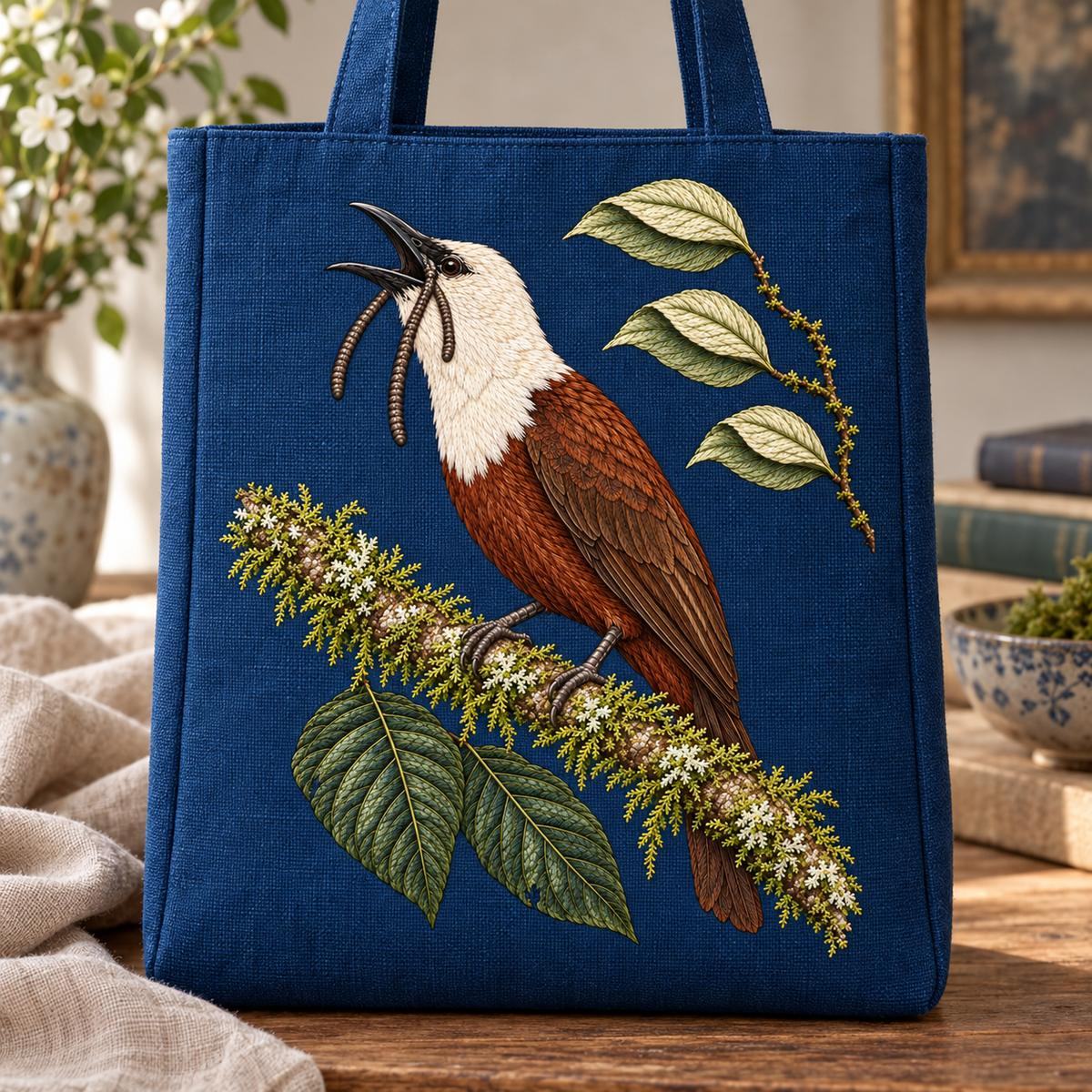 Bellbird embroidery design in a digital mockup of A slim structured blue evening tote with vertically oriented birdpanel, nohandlesoverbird. Placement inspiration for Study 53.