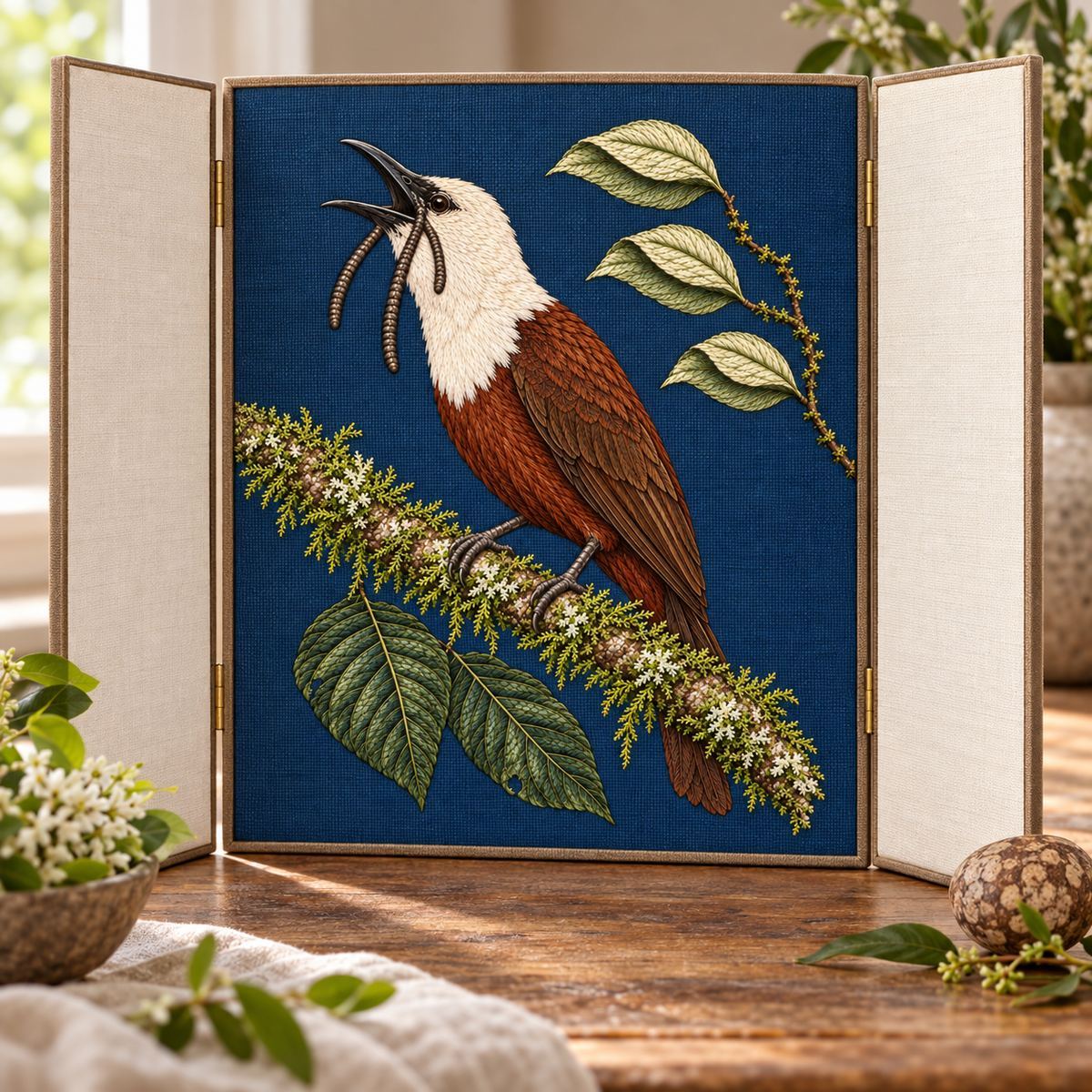Bellbird embroidery design in a digital mockup of A small standing hinged triptych, central portrait embroidery, plain ivory sidepanels. Placement inspiration for Study 53.