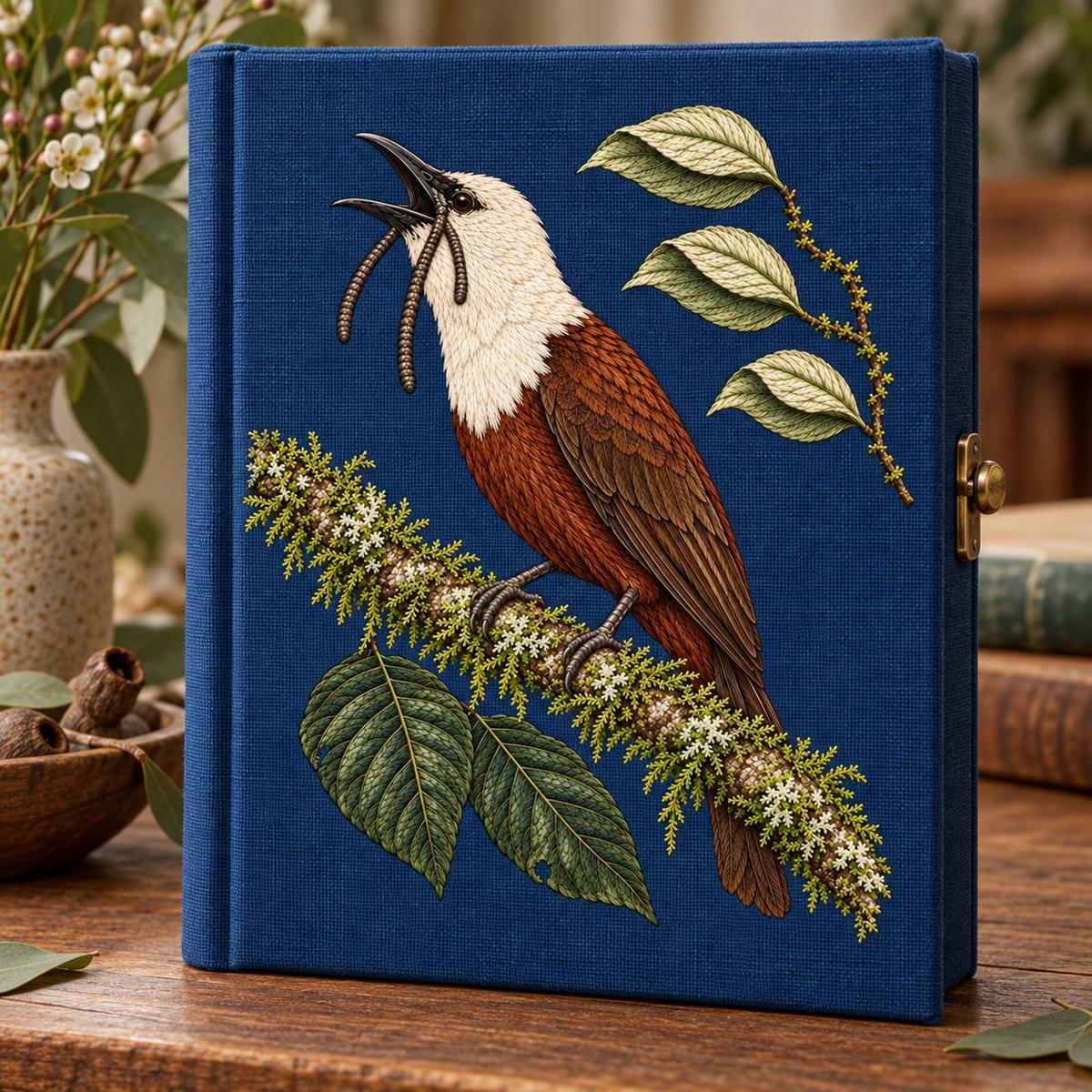 Bellbird embroidery design in a digital mockup of An upright blue linen memory box shapedlikea book, small brassclosureatrightedge. Placement inspiration for Study 53.