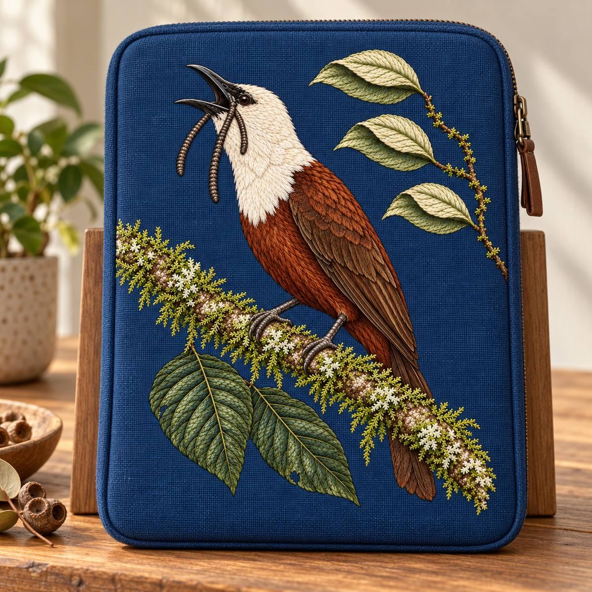 Bellbird embroidery design in a digital mockup of A portrait embroidered padded instrument-accessory case standing against a plainwoodstand. Placement inspiration for Study 53.