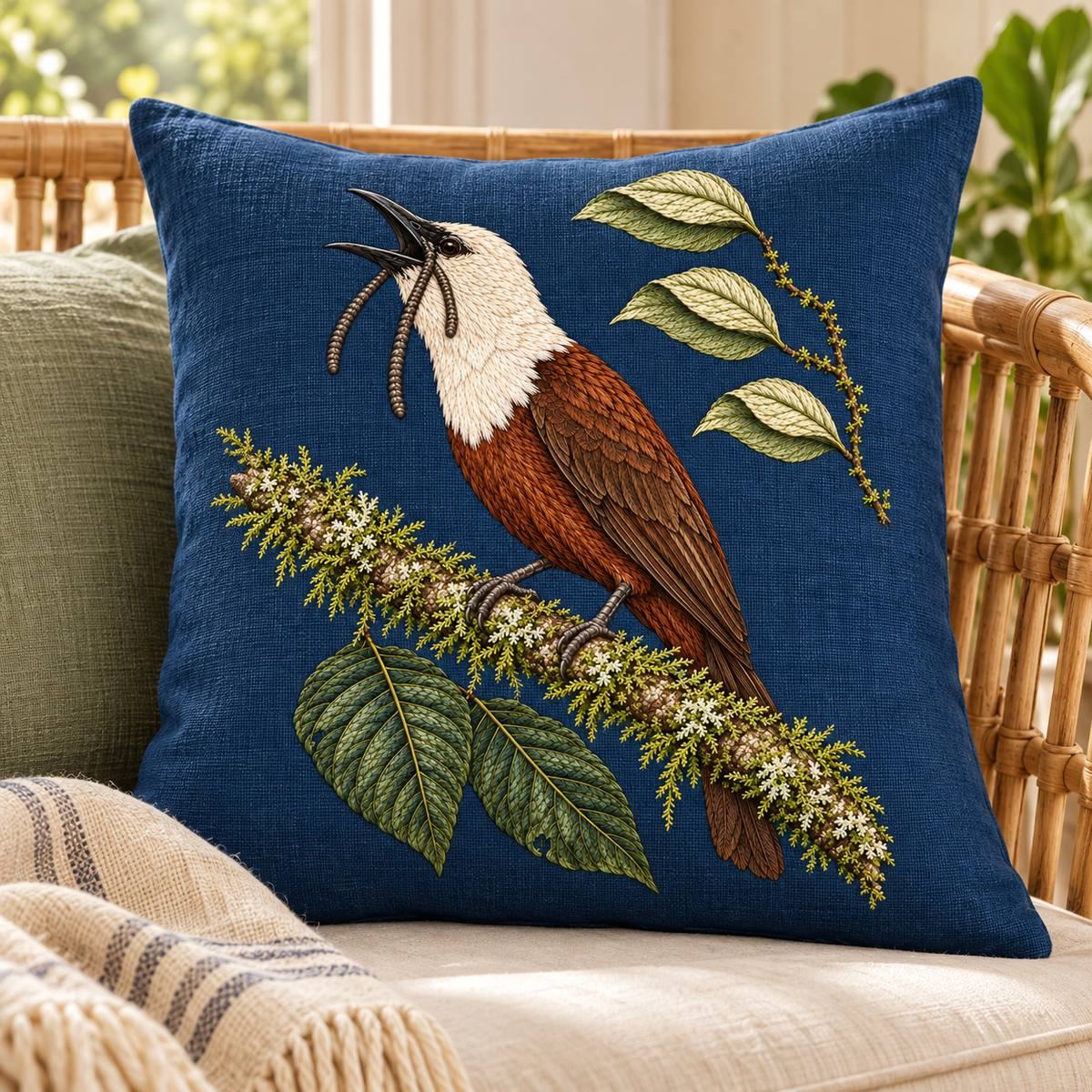 Bellbird embroidery design in a digital mockup of A tall rectangular decorative back cushion on a narrow rattan daybed, full birdfront. Placement inspiration for Study 53.