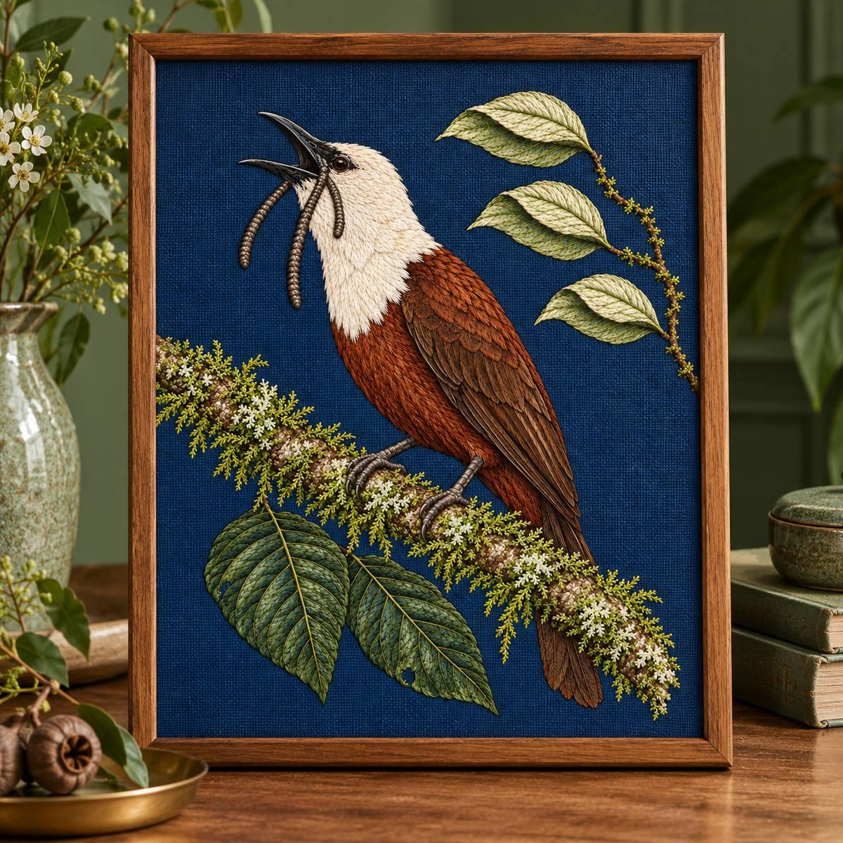 Bellbird embroidery design in a digital mockup of A marine-blue embroidered cabinet-curtain panel held taut by a narrowwoodframe, quietgreenroom. Placement inspiration for Study 53.