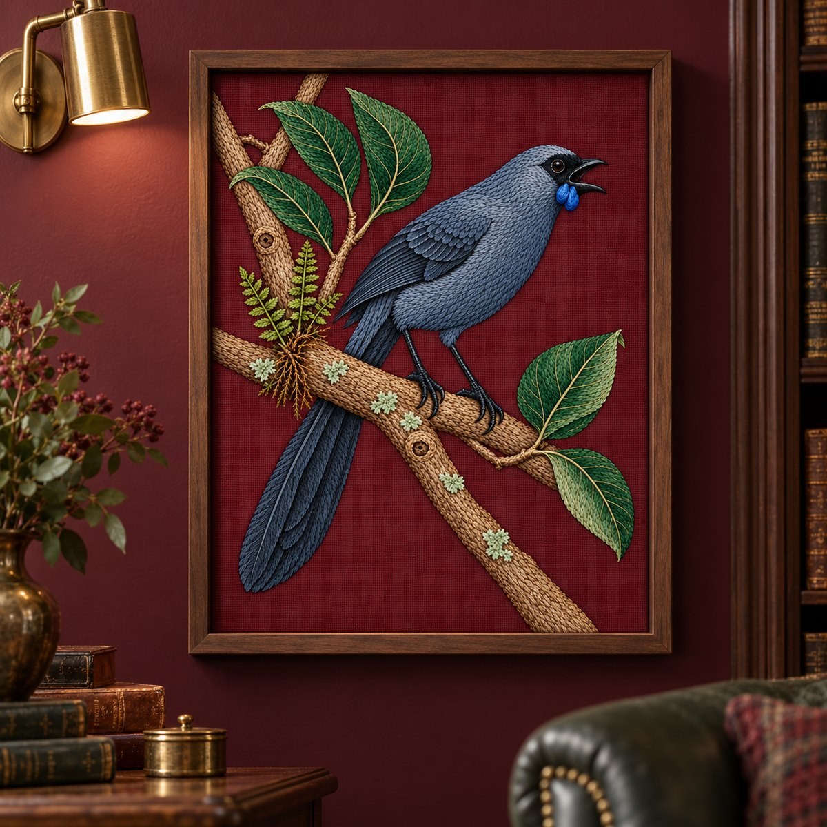 Kokako embroidery design shown in a digital mockup of slim walnut portrait shadowbox on a burgundy reading-room wall, small brass reading light beside it. Study 54.