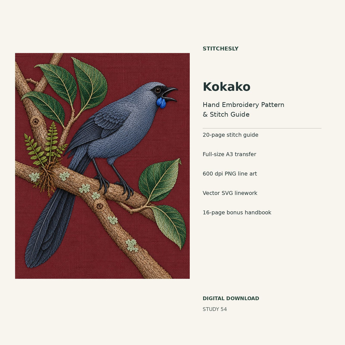 Kokako hand embroidery digital package cover showing the reference artwork and included guide, transfer, PNG, SVG and bonus handbook.