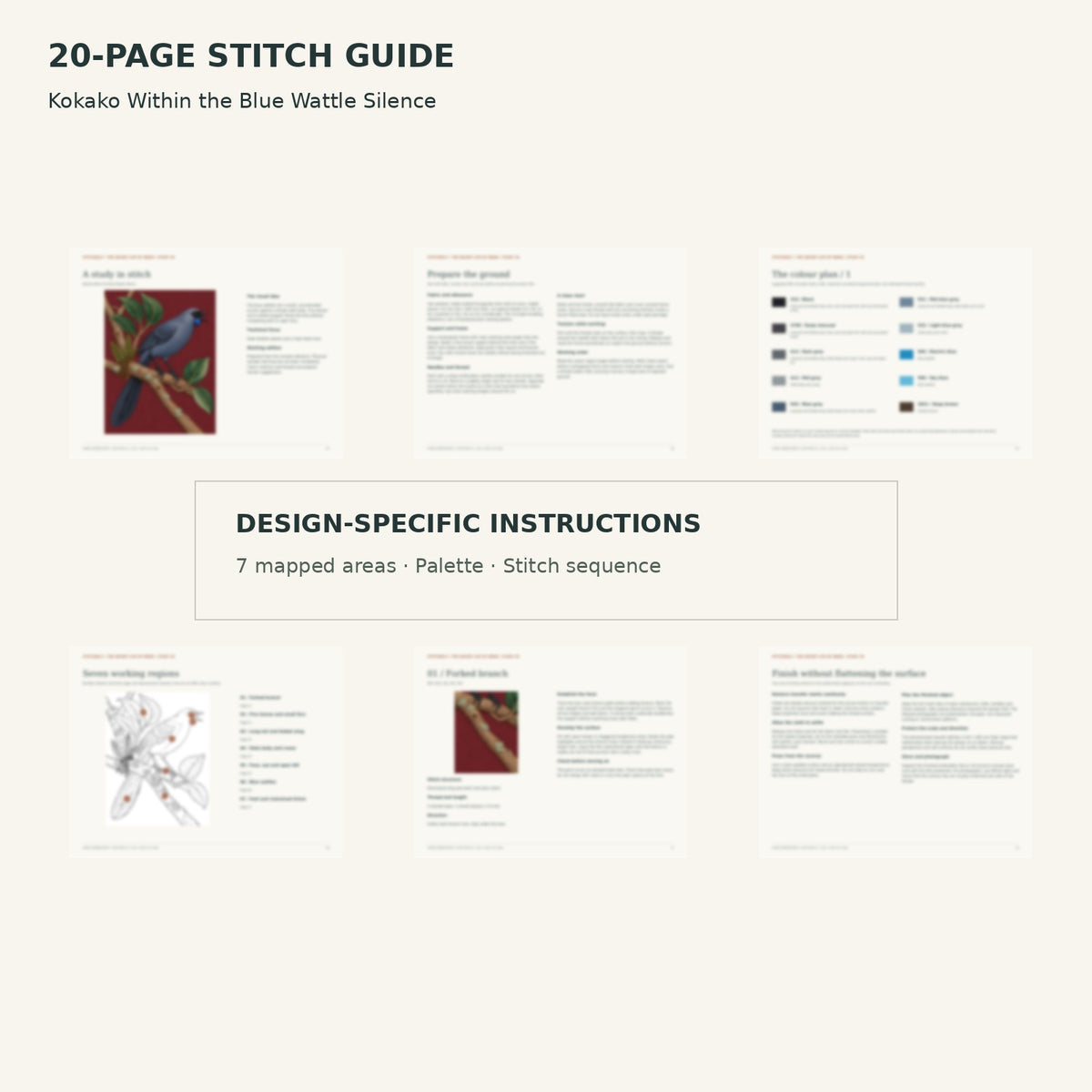 Protected page overview of the 20-page Kokako stitch guide, including its numbered map, suggested palette and working sequence.