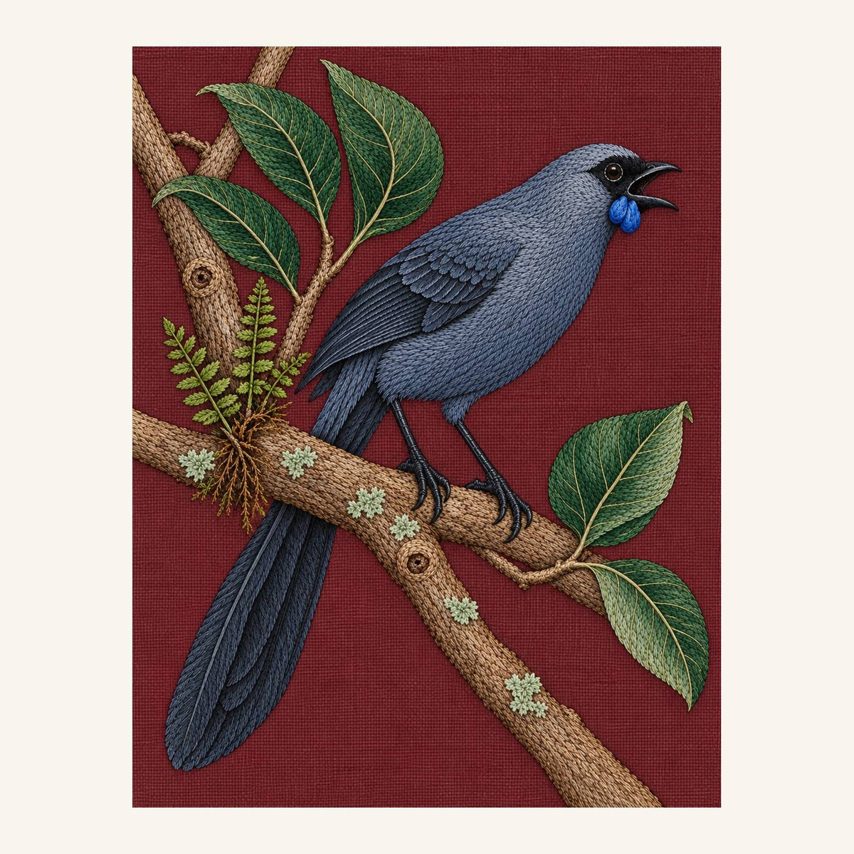 Digital embroidery reference showing a kokako with blue wattles on a forked branch on oxblood burgundy linen, portrait composition.