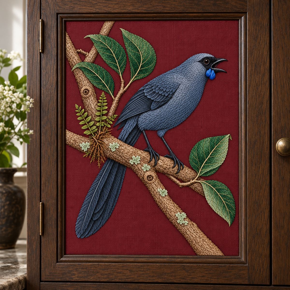Kokako embroidery design in a digital mockup of portrait embroidered linen panel inset into a dark oak cabinet door, straight front view. Placement inspiration for Study 54.
