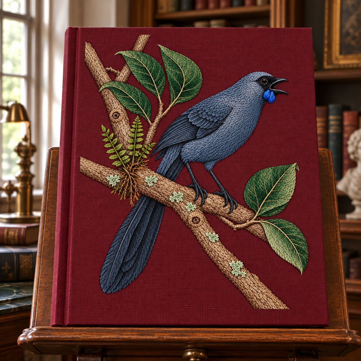 Kokako embroidery design in a digital mockup of burgundy linen bookbinding cover for a large art folio, standing on a library lectern. Placement inspiration for Study 54.