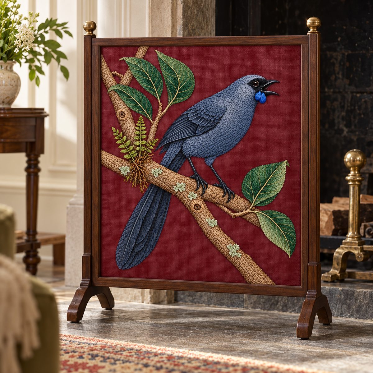 Kokako embroidery design in a digital mockup of tall padded linen screen panel in a walnut desktop firescreen, beside a fireplace with no fire. Placement inspiration for Study 54.