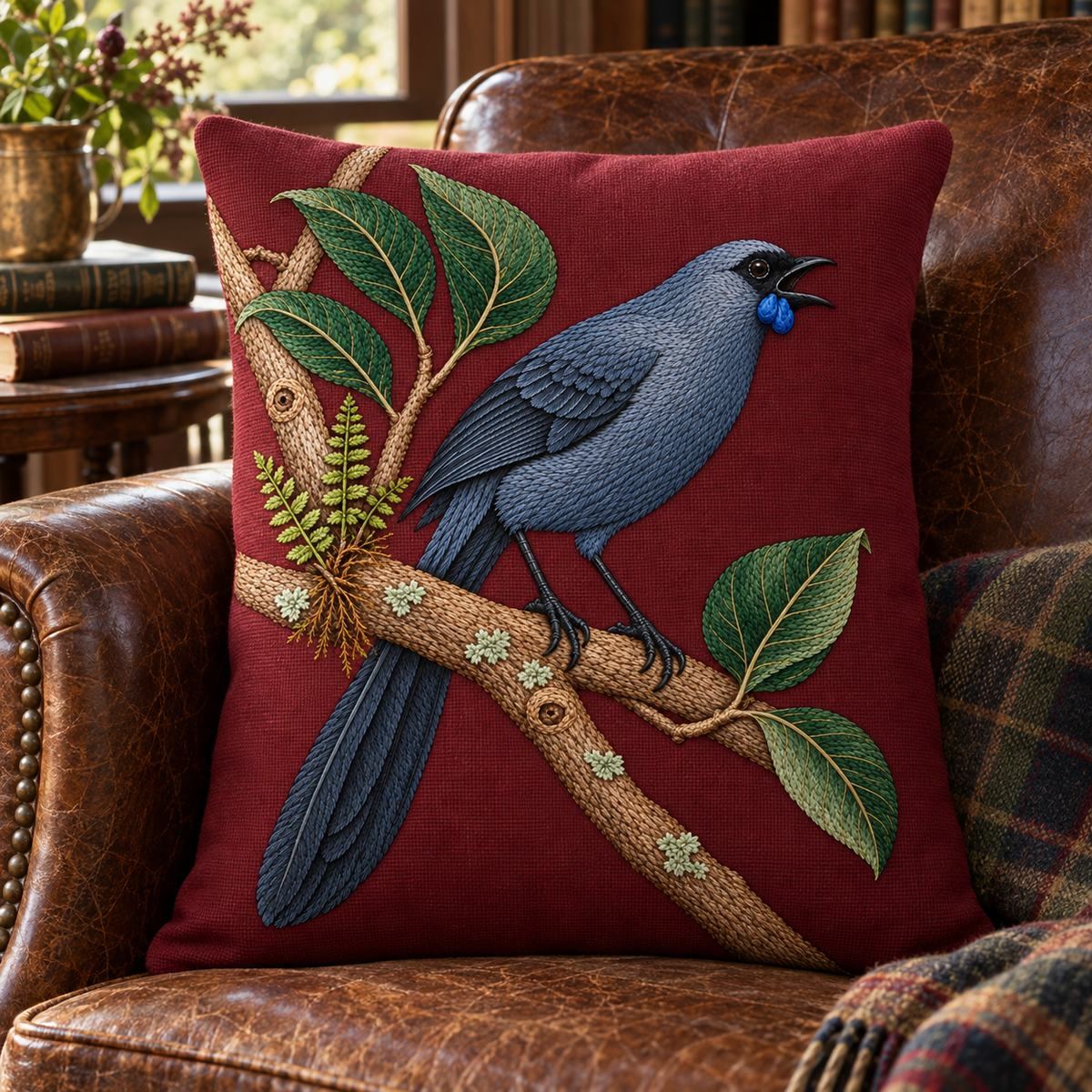 Kokako embroidery design in a digital mockup of rectangular decorative cushion standing vertically in a worn brown leather library chair. Placement inspiration for Study 54.