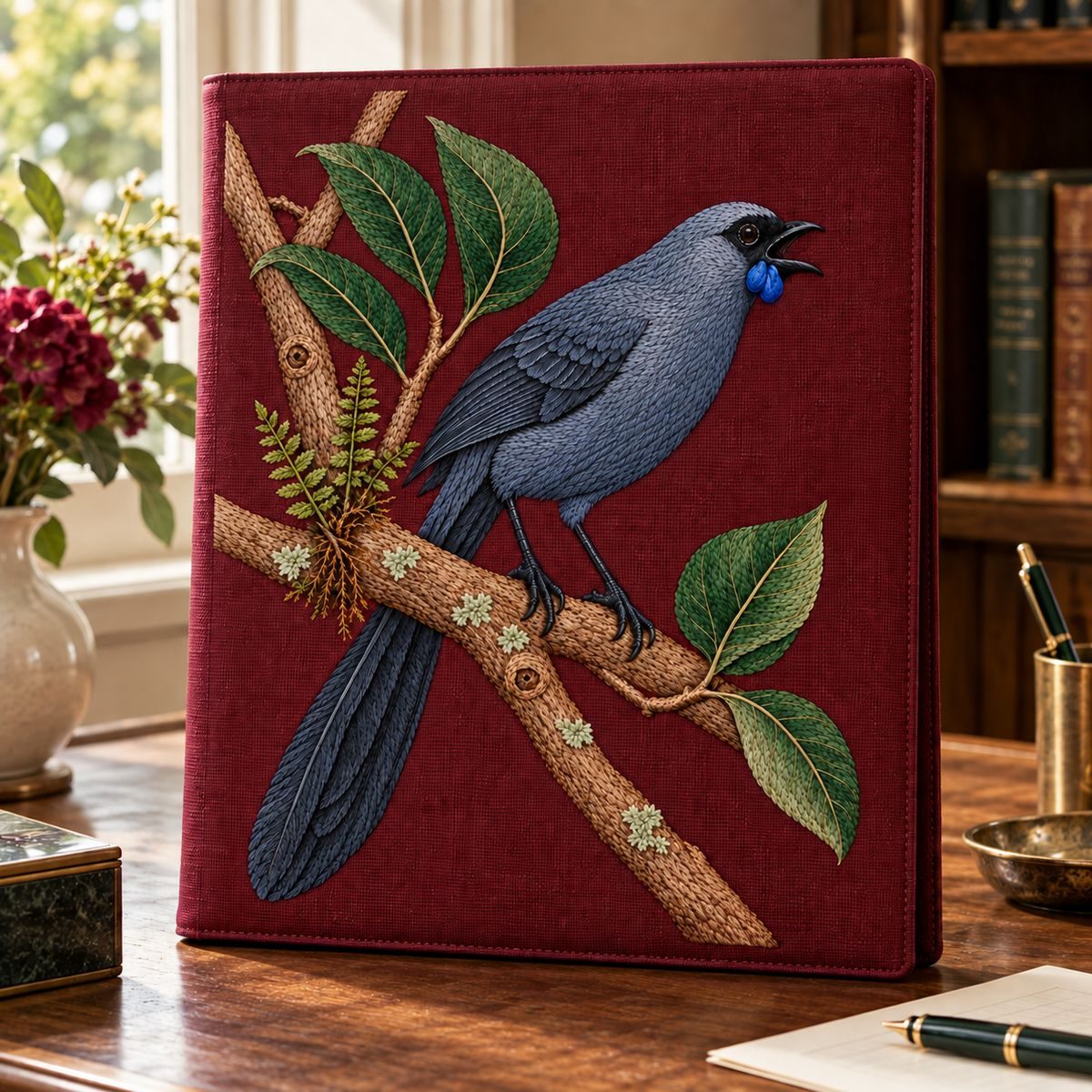 Kokako embroidery design in a digital mockup of large burgundy linen document portfolio propped upright on a writing desk, closure outside embroidery. Placement inspiration for Study 54.