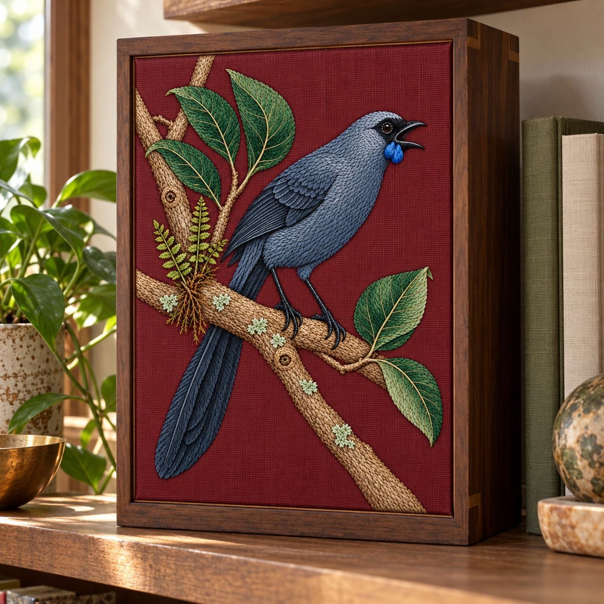 Kokako embroidery design in a digital mockup of removable portrait textile inset on the front of a tall wooden archival box on a shelf. Placement inspiration for Study 54.