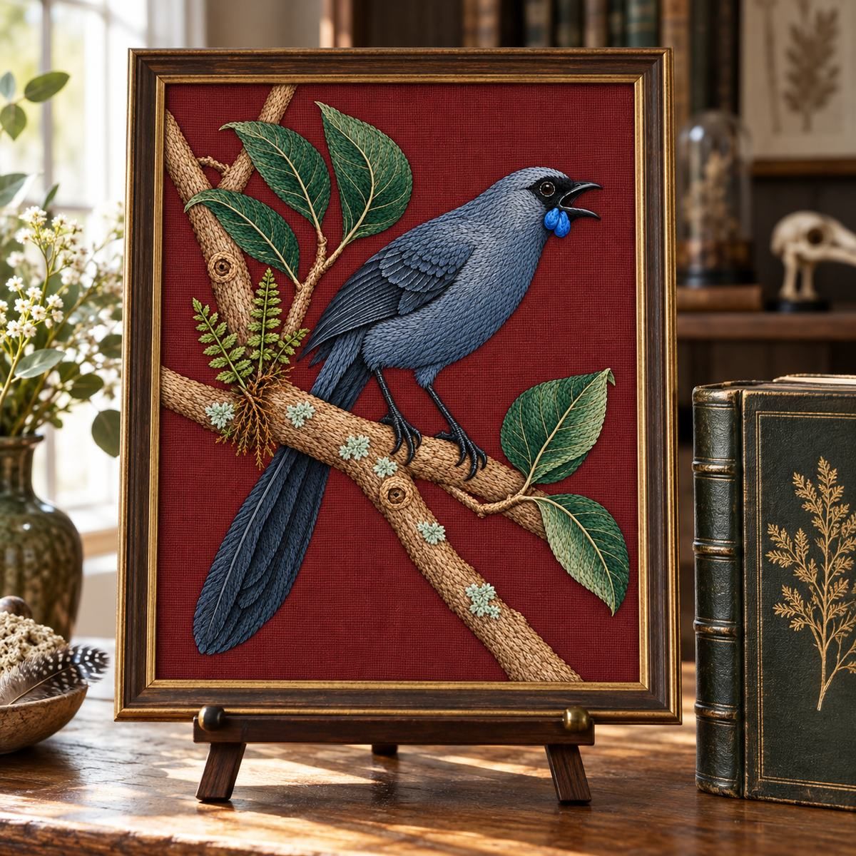 Kokako embroidery design in a digital mockup of framed embroidered panel on a small museum-style easel beside a closed natural-history volume. Placement inspiration for Study 54.