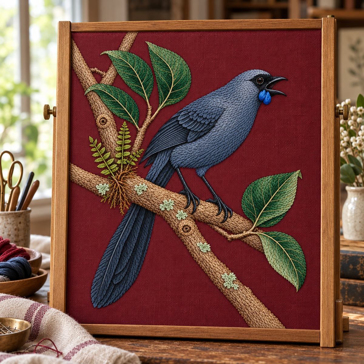 Kokako embroidery design in a digital mockup of finished burgundy embroidery stretched upright in a rectangular wooden needlework frame on an atelier table. Placement inspiration for Study 54.