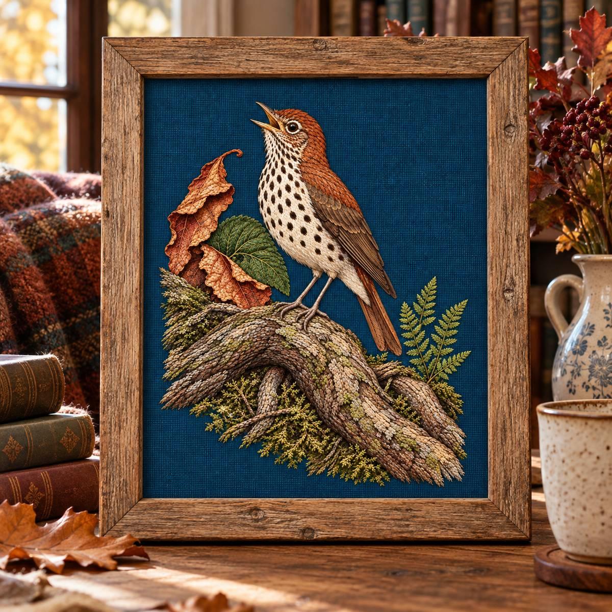 Wood Thrush embroidery design shown in a digital mockup of An autumnal reading nook with small portrait root-and-thrush textile in a weathered oakframe. Study 55.