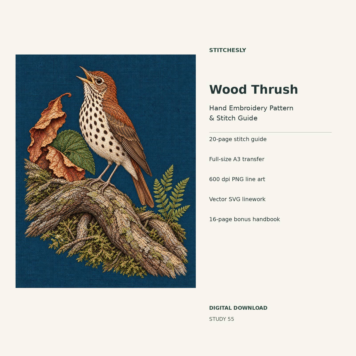 Wood Thrush hand embroidery digital package cover showing the reference artwork and included guide, transfer, PNG, SVG and bonus handbook.
