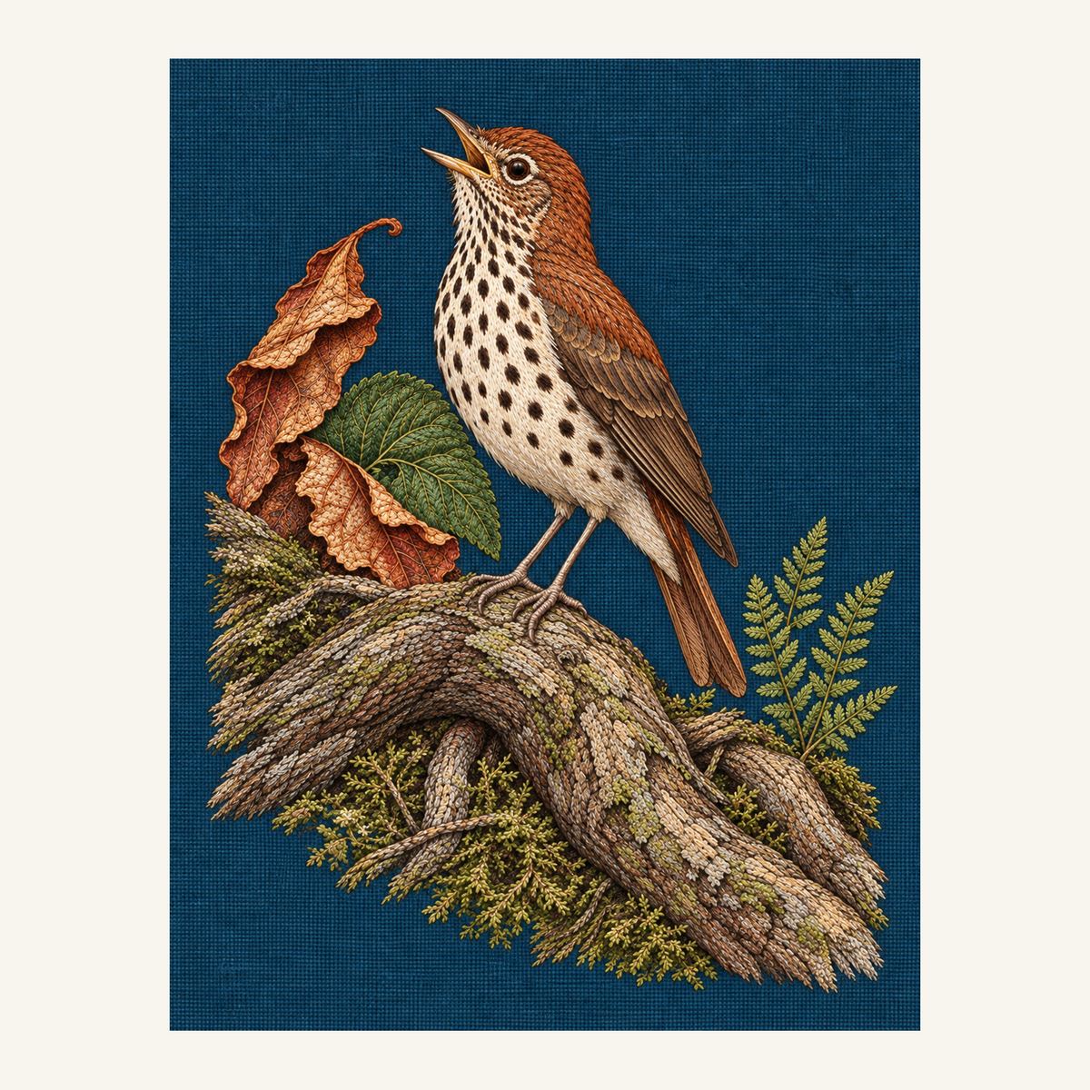 Digital embroidery reference showing a wood thrush with a spotted breast on deep smoky petrol-blue linen, portrait composition.