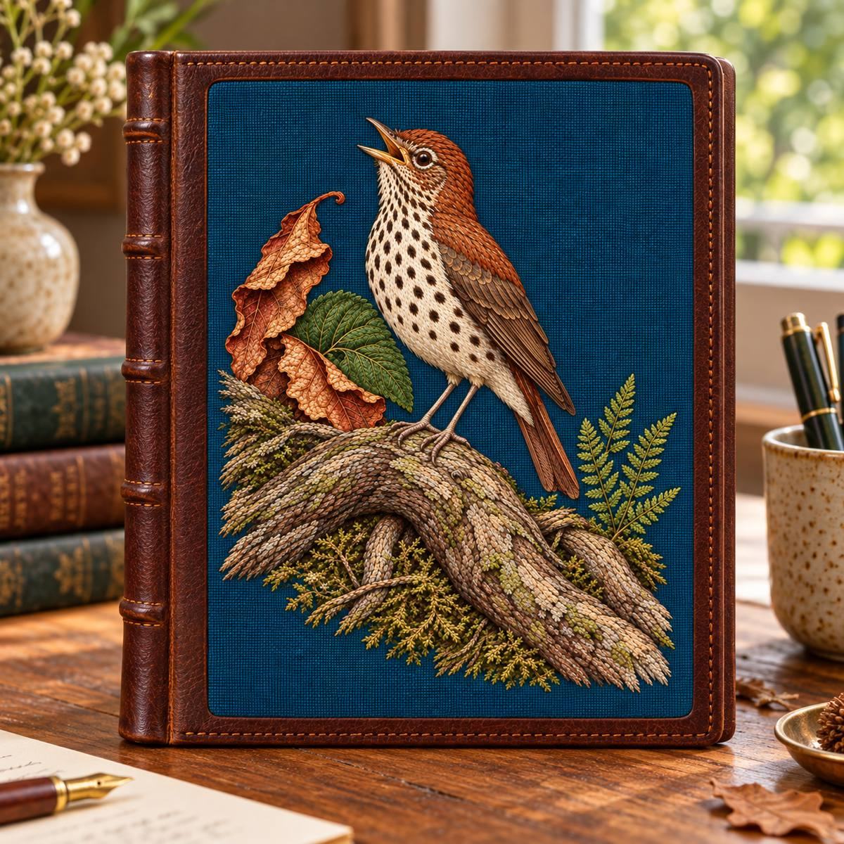 Wood Thrush embroidery design in a digital mockup of A leatherbound poetry notebook with petrol embroidered front insert, upright on writingdesk. Placement inspiration for Study 55.