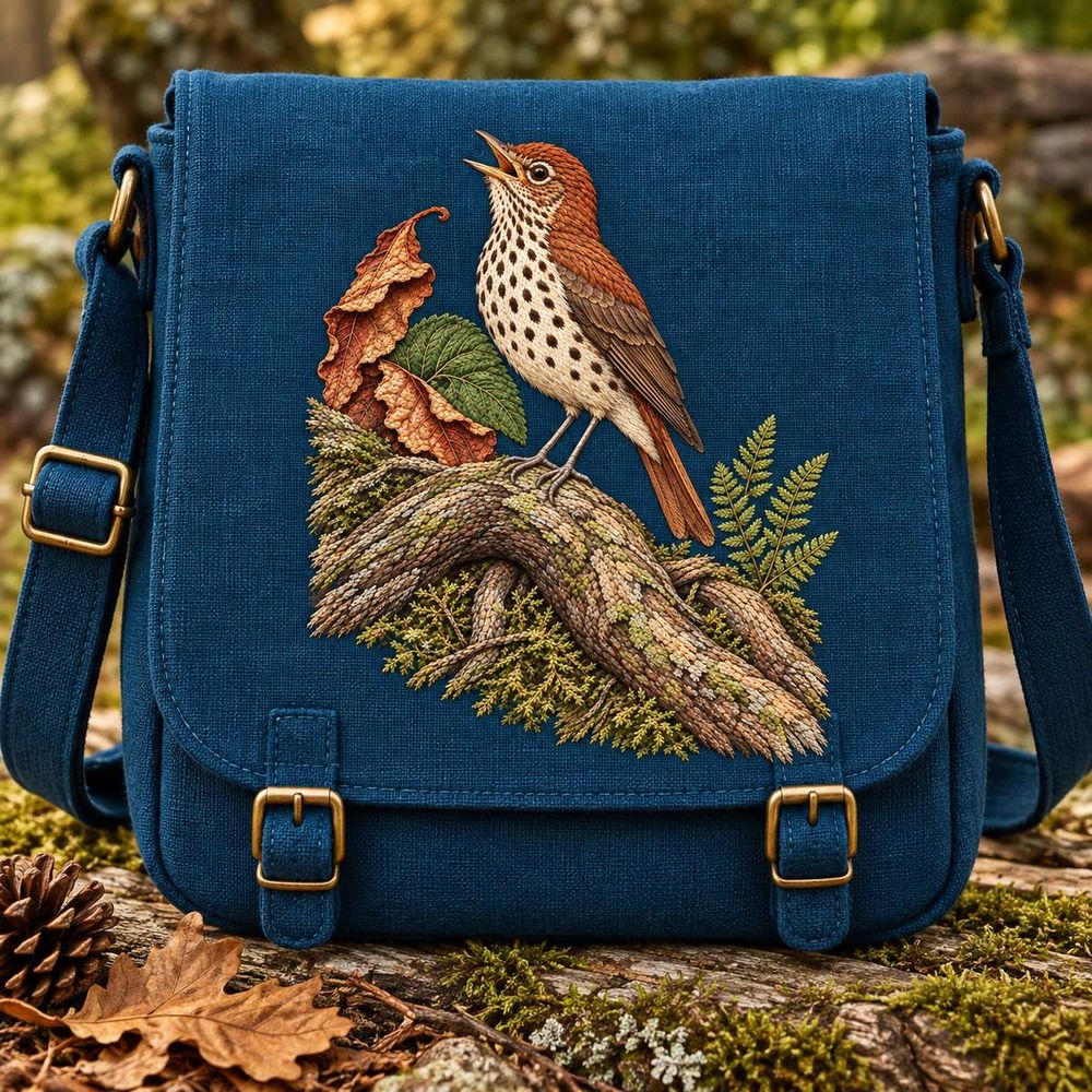 Wood Thrush embroidery design in a digital mockup of A forest-blue crossbody satchel with complete portrait panel and brass buckles beyondmotif. Placement inspiration for Study 55.