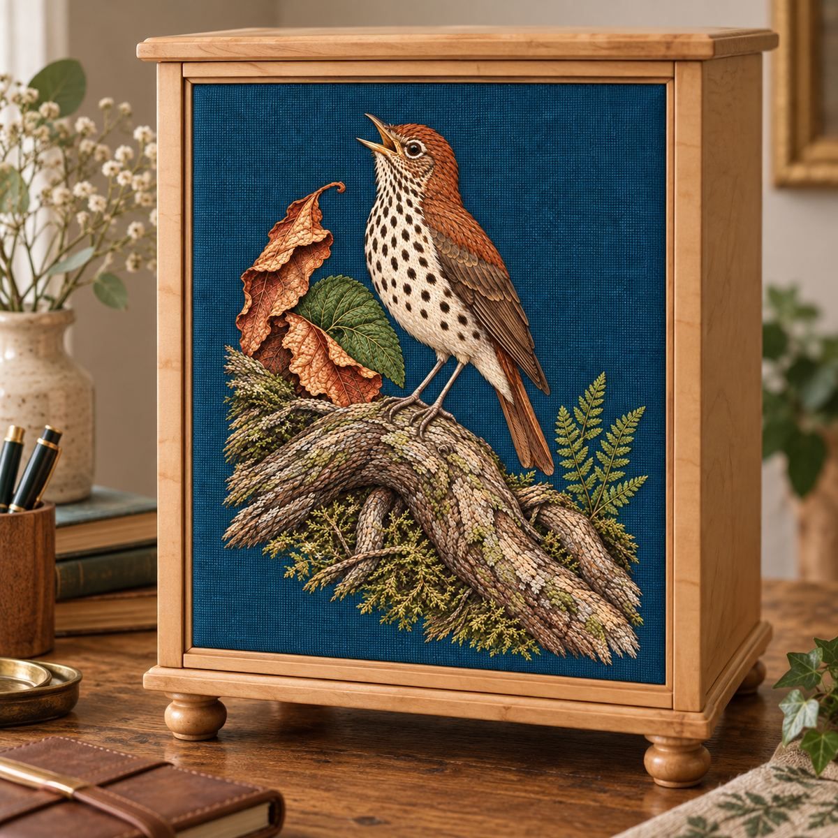 Wood Thrush embroidery design in a digital mockup of A small embroidered front panel on a freestanding birchwood stationery cabinet. Placement inspiration for Study 55.