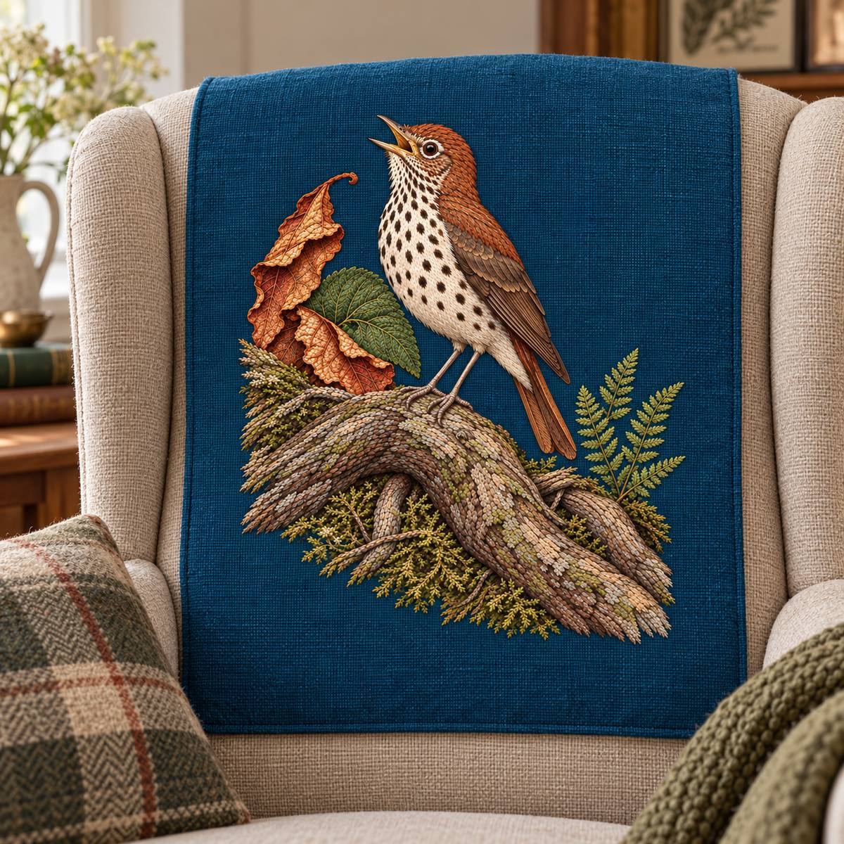 Wood Thrush embroidery design in a digital mockup of A portrait linen armchair headrest cover, secured squarely, motif atnaturaleyelevel. Placement inspiration for Study 55.