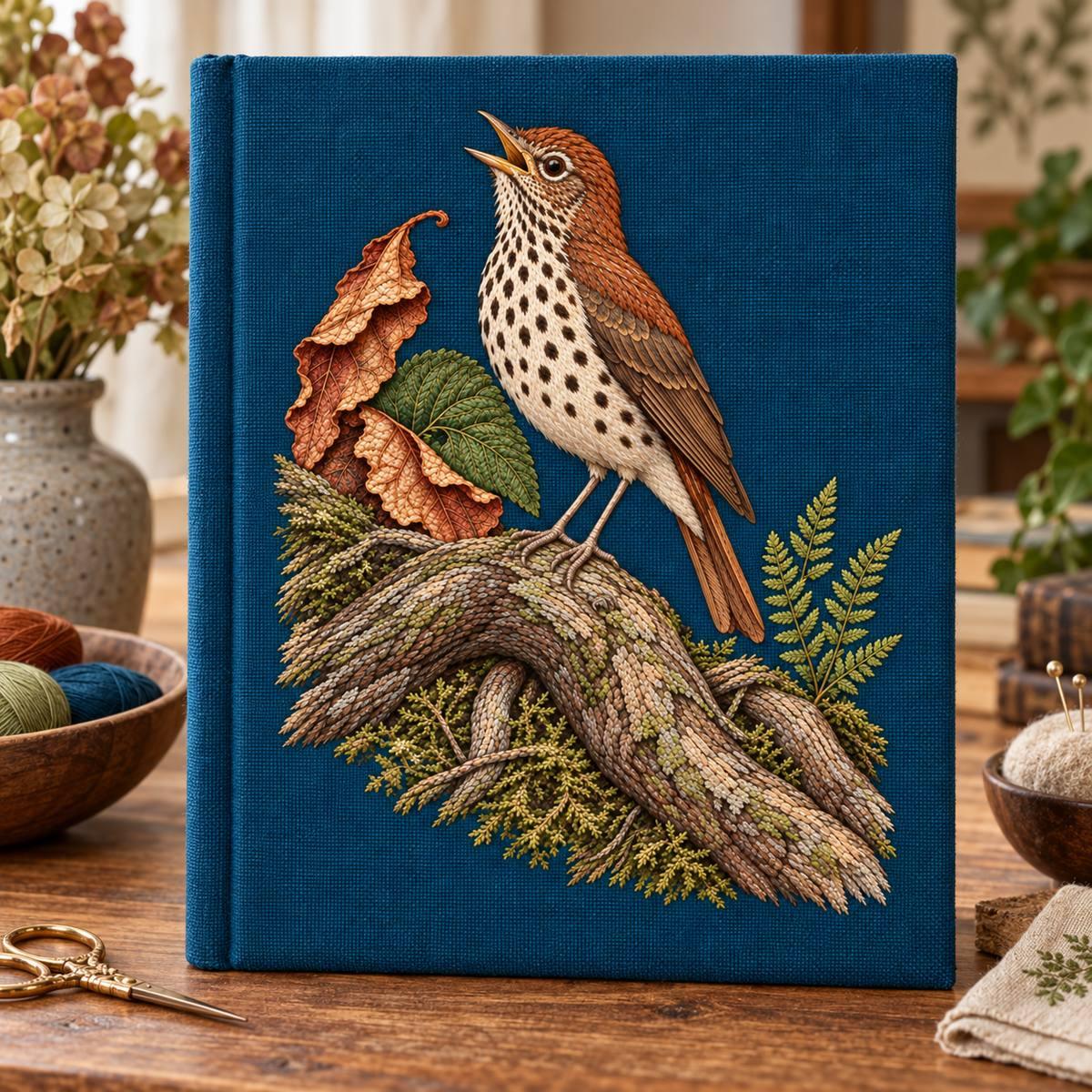 Wood Thrush embroidery design in a digital mockup of A deep teal sewing needlebook enlarged to a portfolio, standingclosed on worktable. Placement inspiration for Study 55.