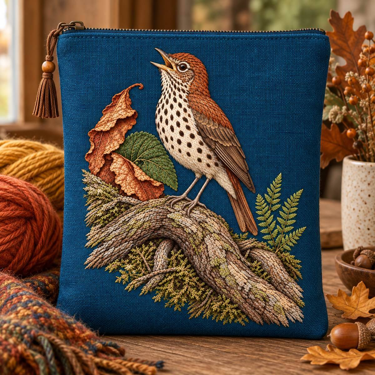 Wood Thrush embroidery design in a digital mockup of An embroidered rectangular keepsake pouch standing upright beside autumn-coloured wool. Placement inspiration for Study 55.