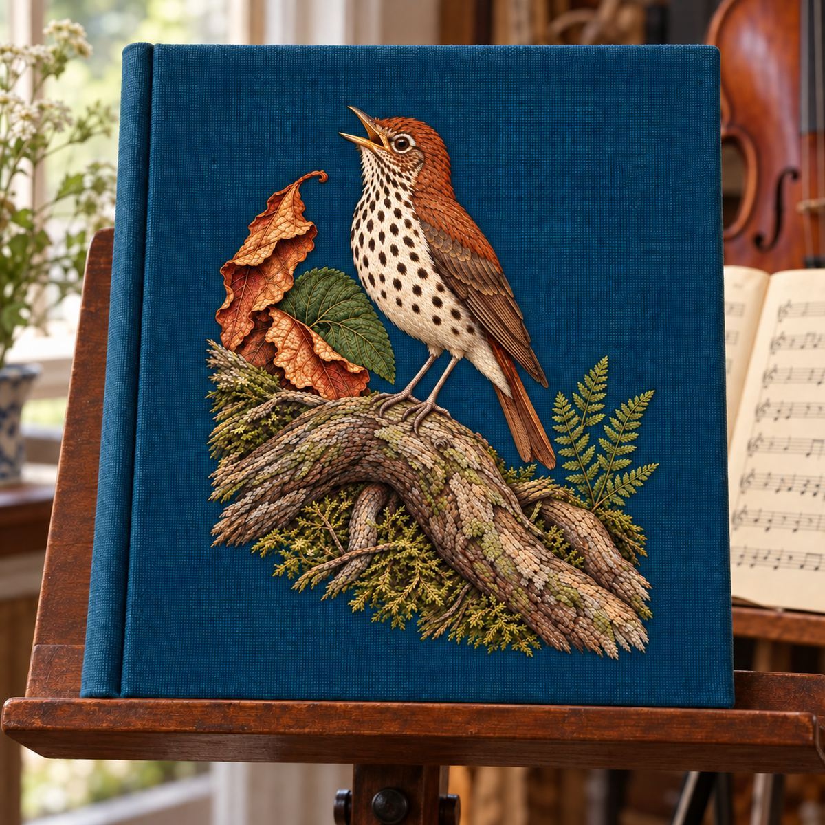 Wood Thrush embroidery design in a digital mockup of A portrait embroidery inset in a handcrafted music-score binder, propped onwoodmusicstand. Placement inspiration for Study 55.