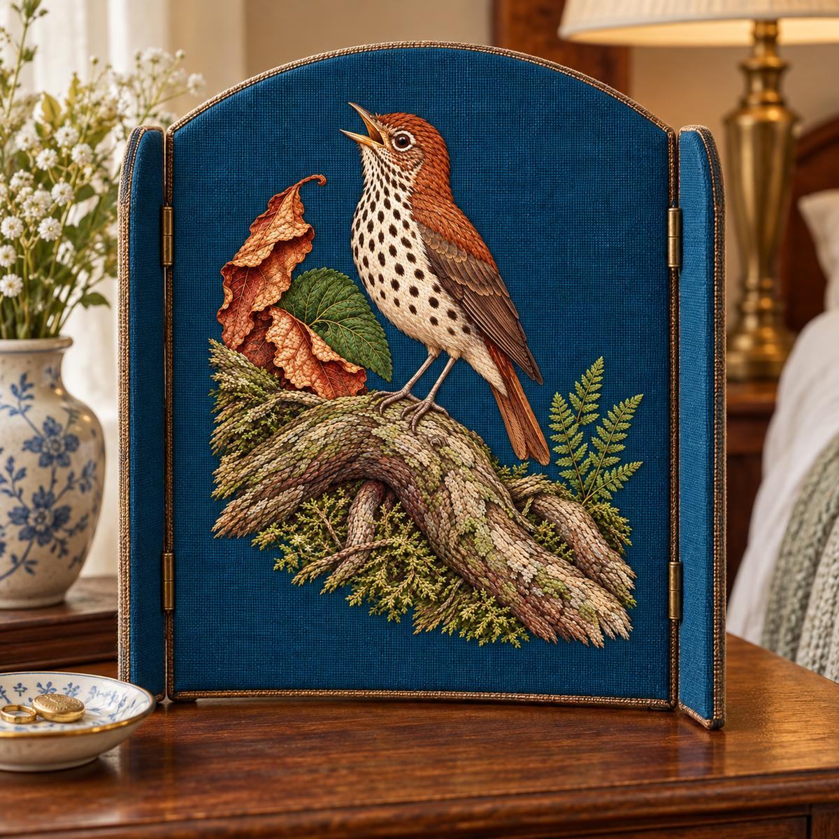 Wood Thrush embroidery design in a digital mockup of A small upright fabric-covered hinged screen on a bedside table, thrushportraitcenter. Placement inspiration for Study 55.
